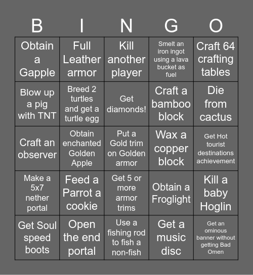 Minecraft bingo Card