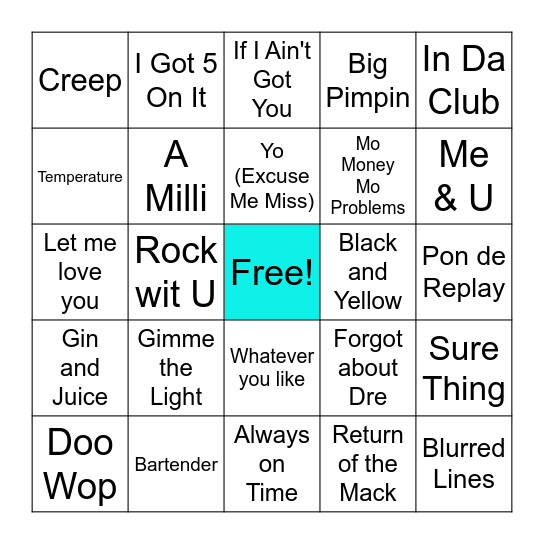 Hip-Hop/R&B Throwbacks Bingo Card