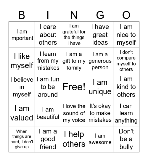 Boost your Self-Esteem Workshop Bingo Card