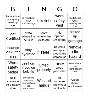 Warehouse Safety Bingo Card