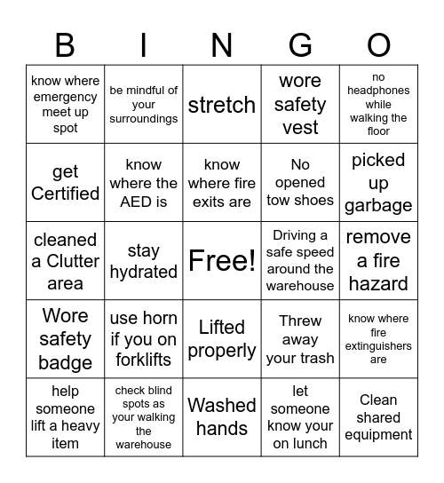 Warehouse Safety Bingo Card