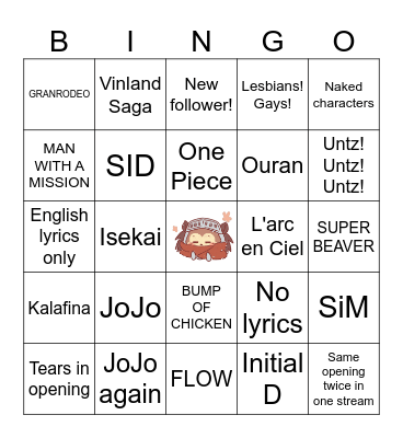 Anime Music Quiz Bingo Card