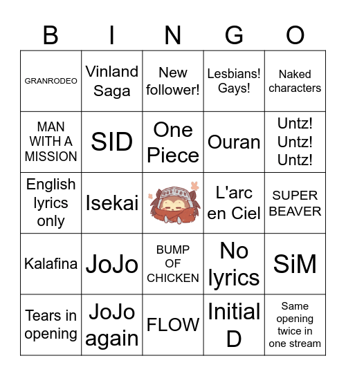 Anime Music Quiz Bingo Card