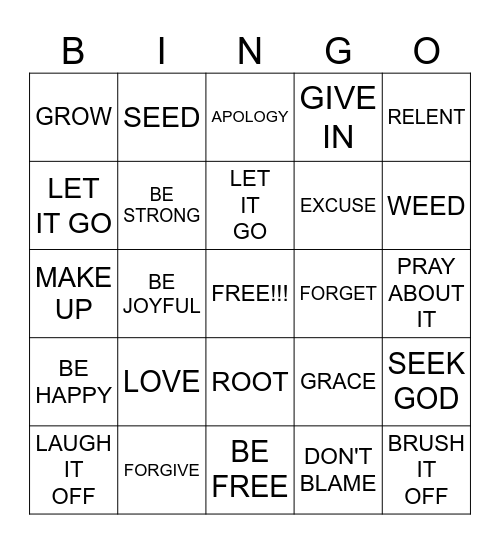 FORGIVENESS Bingo Card