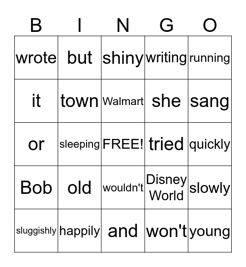 Parts of Speech Review Bingo Card