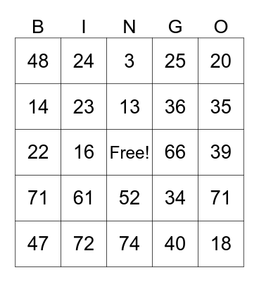 Test numeric Bingo Card