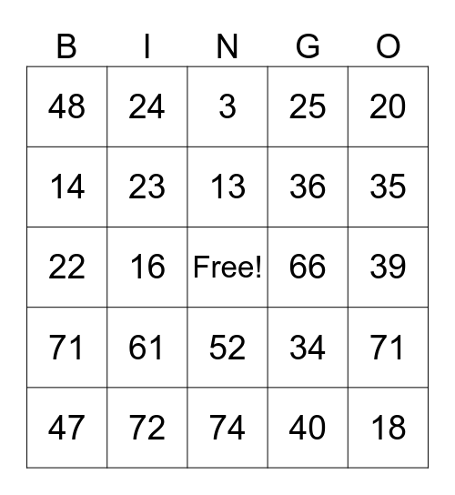 Test numeric Bingo Card