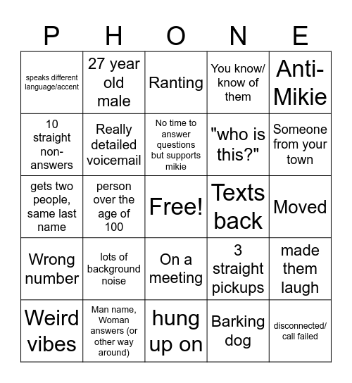 Phone Bank Bingo Card