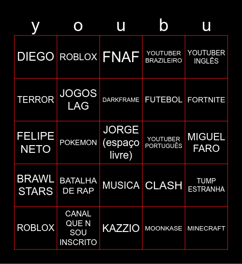 Youtubungo Bingo Card