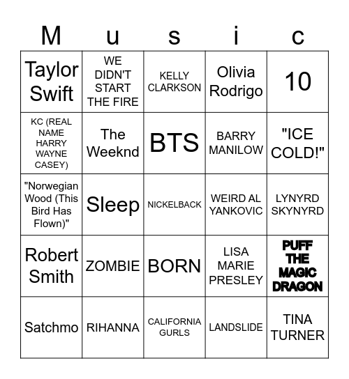 Music TT² Bingo Card