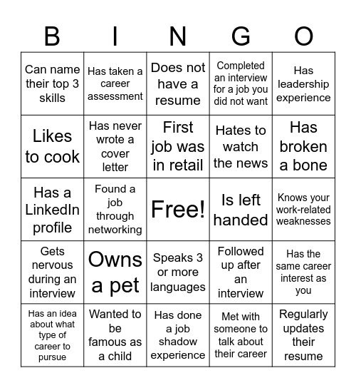 Career Bingo Card