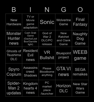 Sony State of Play May 2024 Bingo Card