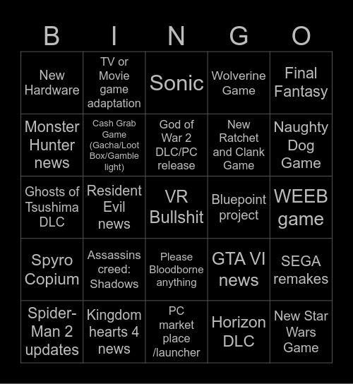 Sony State of Play May 2024 Bingo Card