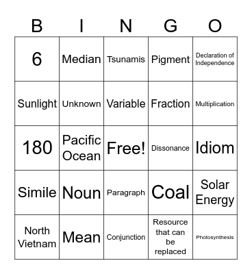 Student Created Bingo! Day 1 Bingo Card