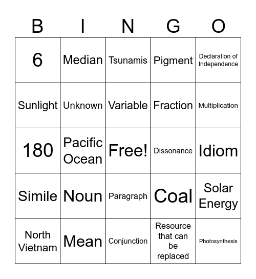 Student Created Bingo! Day 1 Bingo Card