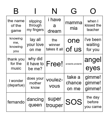 Mamma Mia 1 & 2 Bingo Card