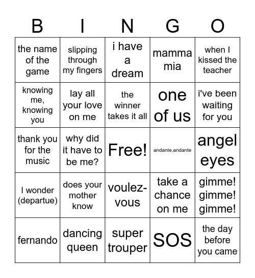 Mamma Mia 1 & 2 Bingo Card