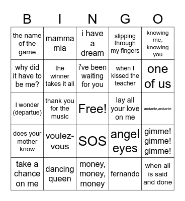 Mamma Mia 1 & 2 Bingo Card