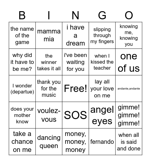 Mamma Mia 1 & 2 Bingo Card