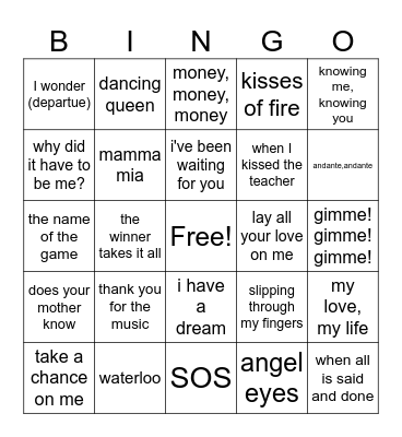Mamma Mia 1 & 2 Bingo Card