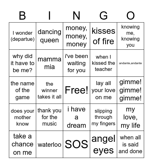 Mamma Mia 1 & 2 Bingo Card