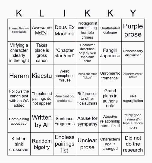 Klikky Bingo 2.0 Bingo Card