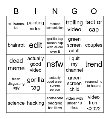 yt shorts Bingo Card
