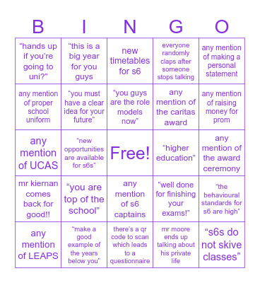 s6 induction day bingo Card