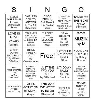 70s Top Hits Bingo Card