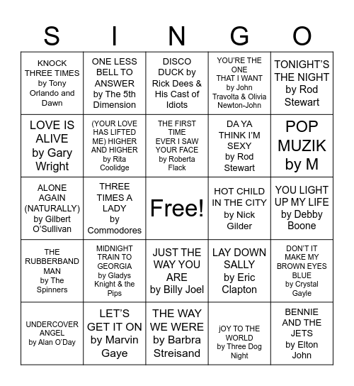 70s Top Hits Bingo Card