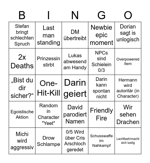 One shot bingo Card