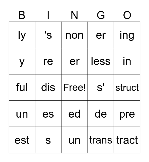 Morpheme Bingo Card