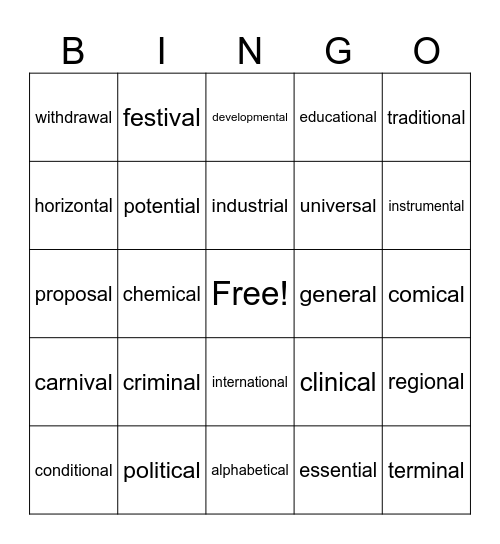 Words Ending with -al Bingo Card