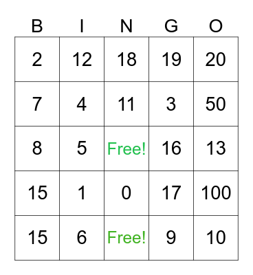 Number BINGO Card