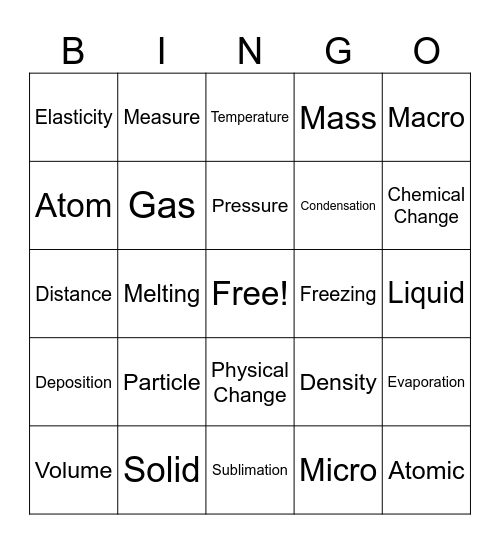 Unit 0 Matter and Measurement Bingo Card