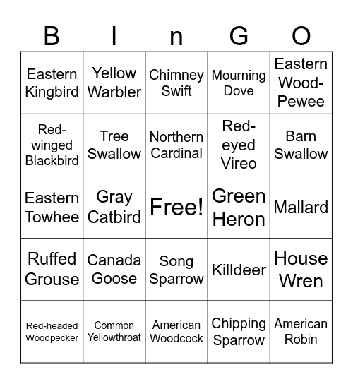 Backyard Bird Bingo Card