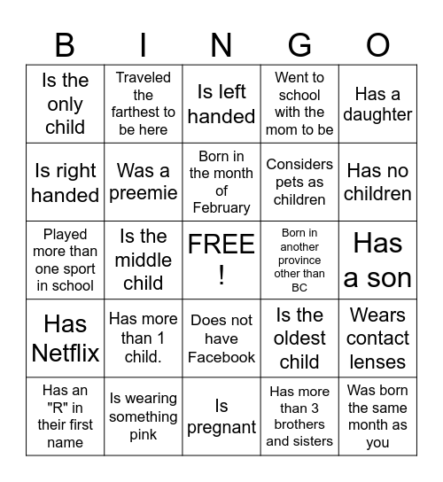Baby Shower Bingo Icebreaker Bingo Card