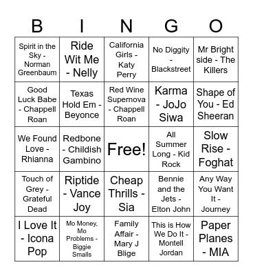Summer Jams Bingo Card