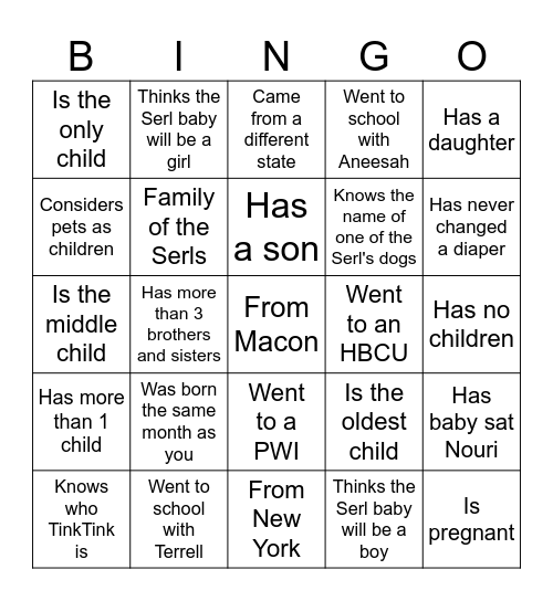 Baby Serl Bingo Icebreaker Bingo Card