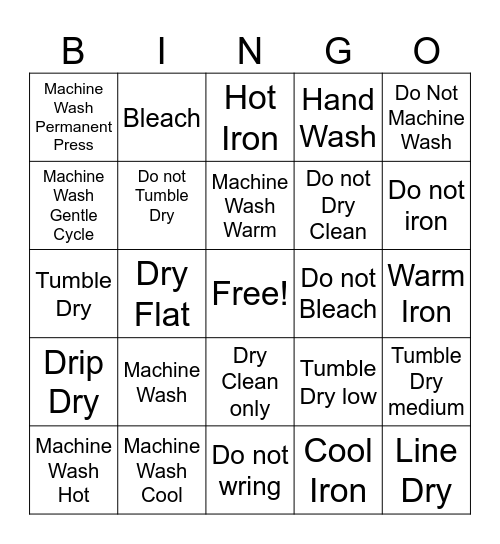 Laundry Care Symbols Bingo Card