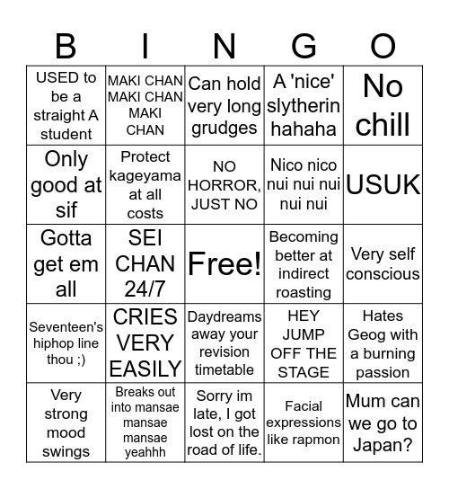 @TURQOISEFANATIC Bingo Card