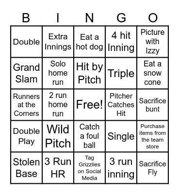 Grizzlies Baseball Bingo Card