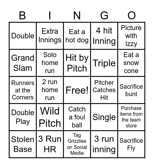 Grizzlies Baseball Bingo Card