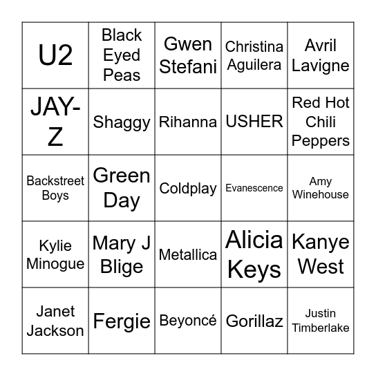 Best Selling Artists of the 2000s Bingo Card