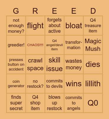 isaac greed mode bingo 2.0 Bingo Card