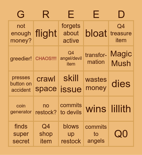 isaac greed mode bingo 2.0 Bingo Card