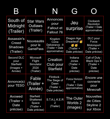 Xbox Game Studios Showcase Bingo Card