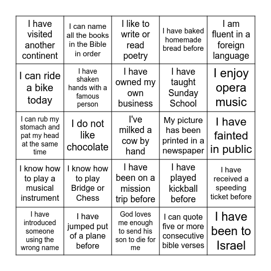 Ladies Life Experience Challenge Bingo Card