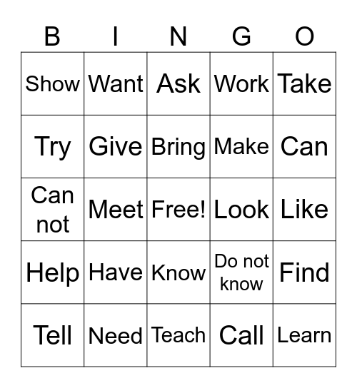 American Sign Language Verbs Bingo Card