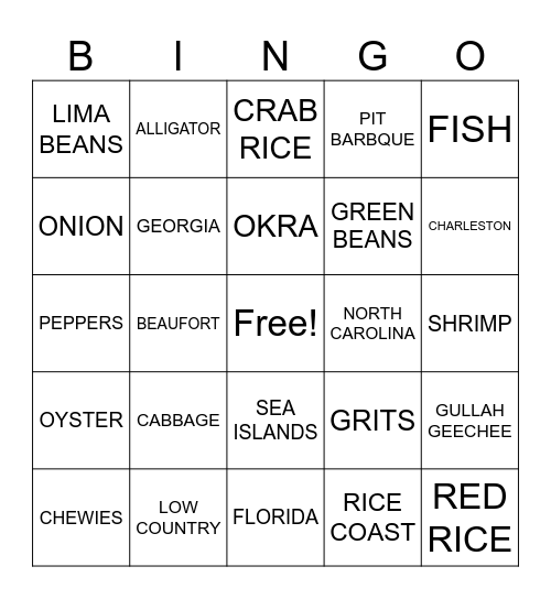 Gullah Geechee Food Bingo Card